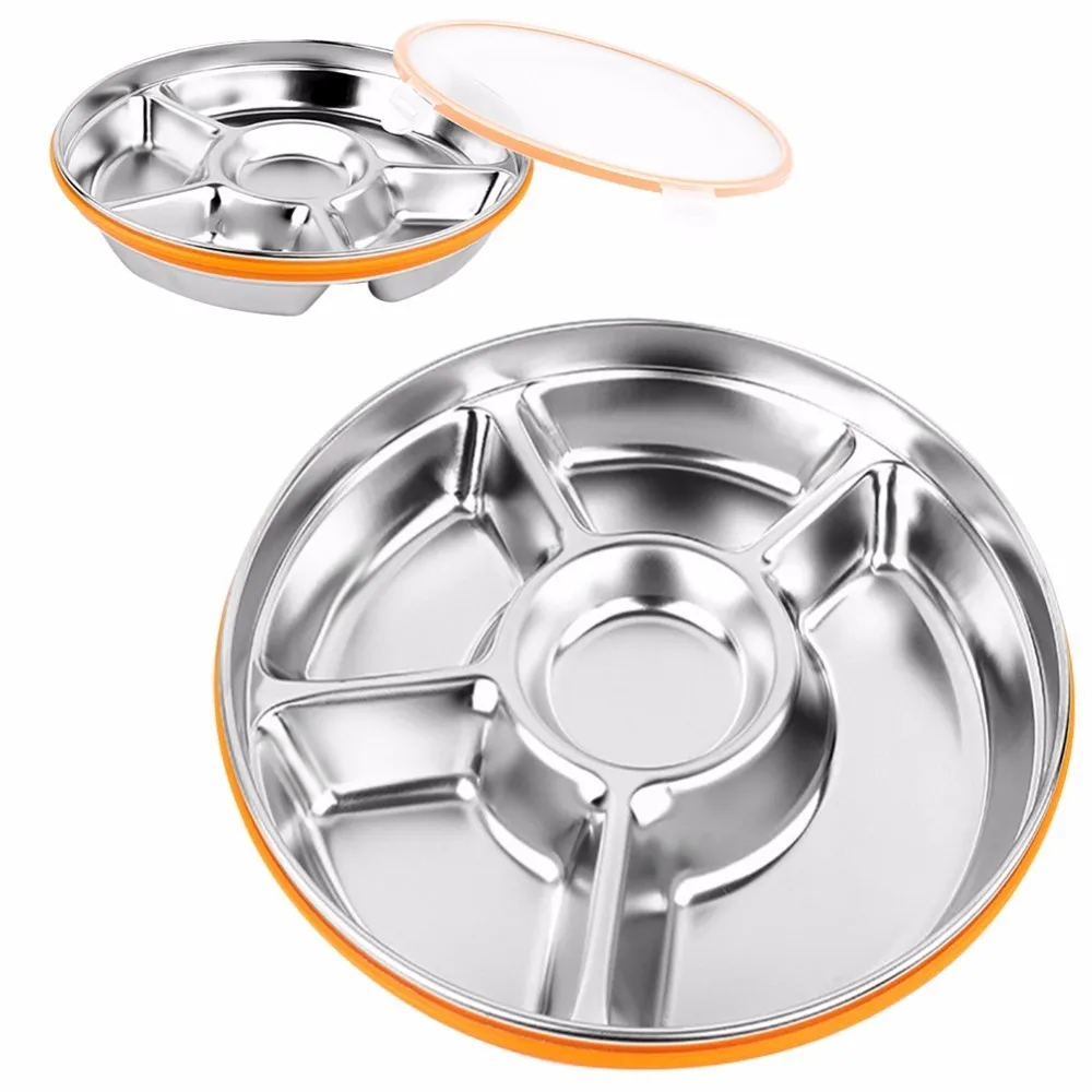 

5 Sections Stainless Steel Divided Dish Tableware Dinner Plate Students Grid Dinner Round Lunch Plate Outdoor Picnic Box