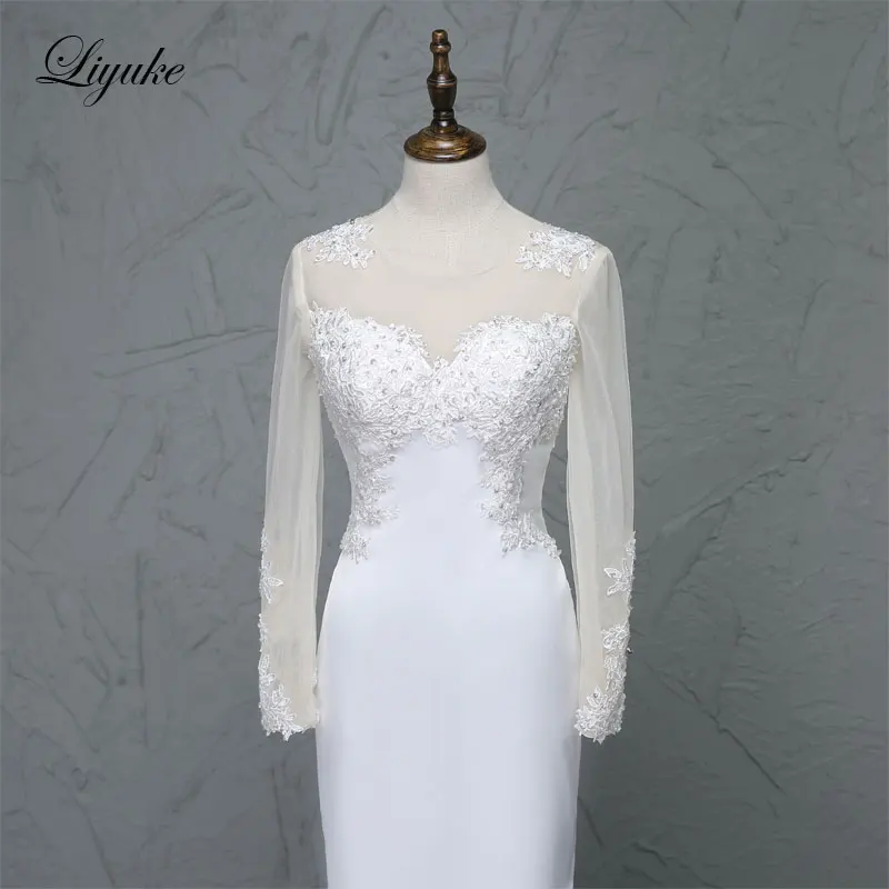 Liyuke блестящий атлас с круглым вырезом из бисера платье невесты съемный шлейф полный рукав свадебное платье-футляр Vestido De Noiva