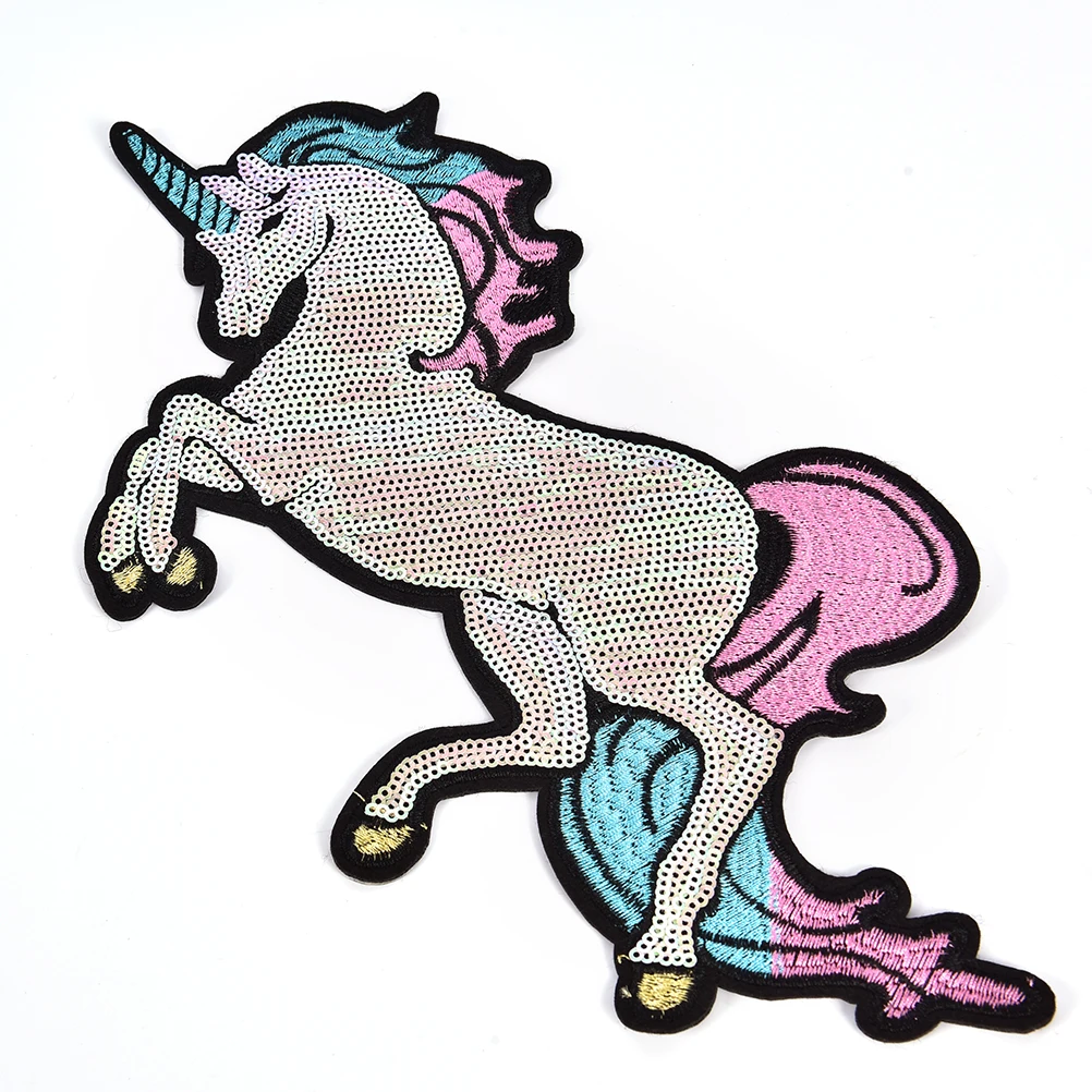 

1PCS Unicorn Embroidered Patches Big Horse Rose Sequin Patch Iron On Fabric Badge Sew On Clothes Appliques DIY Wedding Stickers
