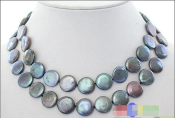 

p2301 30" 15MM BLACK COIN FRESHWATER CULTURED PEARL NECKLACE ^^^@^Noble style Natural Fine jewe FREE SHIPPING