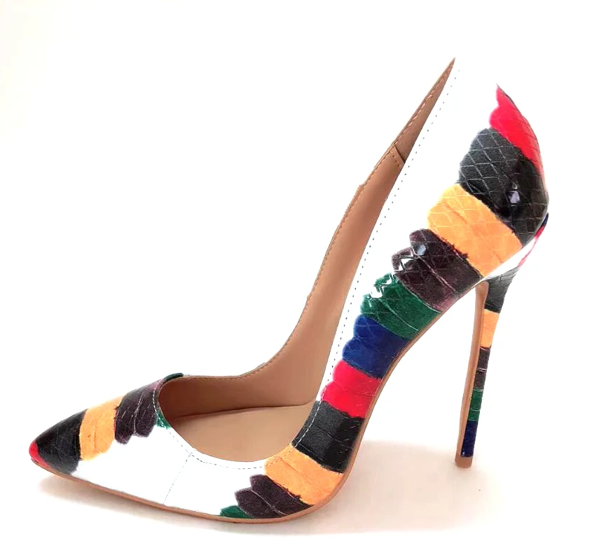

fashion national wind colorful color matching pointed toe high heel dress shoes Colorful graffiti leather 12CM heel woman shoes