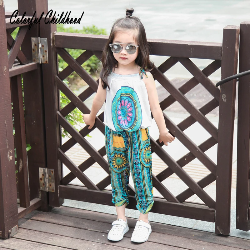 Summer new 2 7Yrs Girls Clothes Set strap shirt+pants 2pcs set Cotton