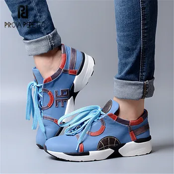 

Prova Perfetto Blue Women Flat Shoes Lace Up Sneakers Espadrilles Platform Creepers Female Casual Shoes Woman Tenis Feminino