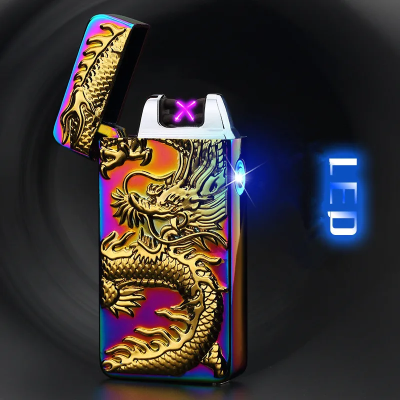 

luxury Plating Carving Usb Lighter Rechargeable Tobacco Windproof Lighter LED Electronic Cigarette Lighter Men Gift With Box