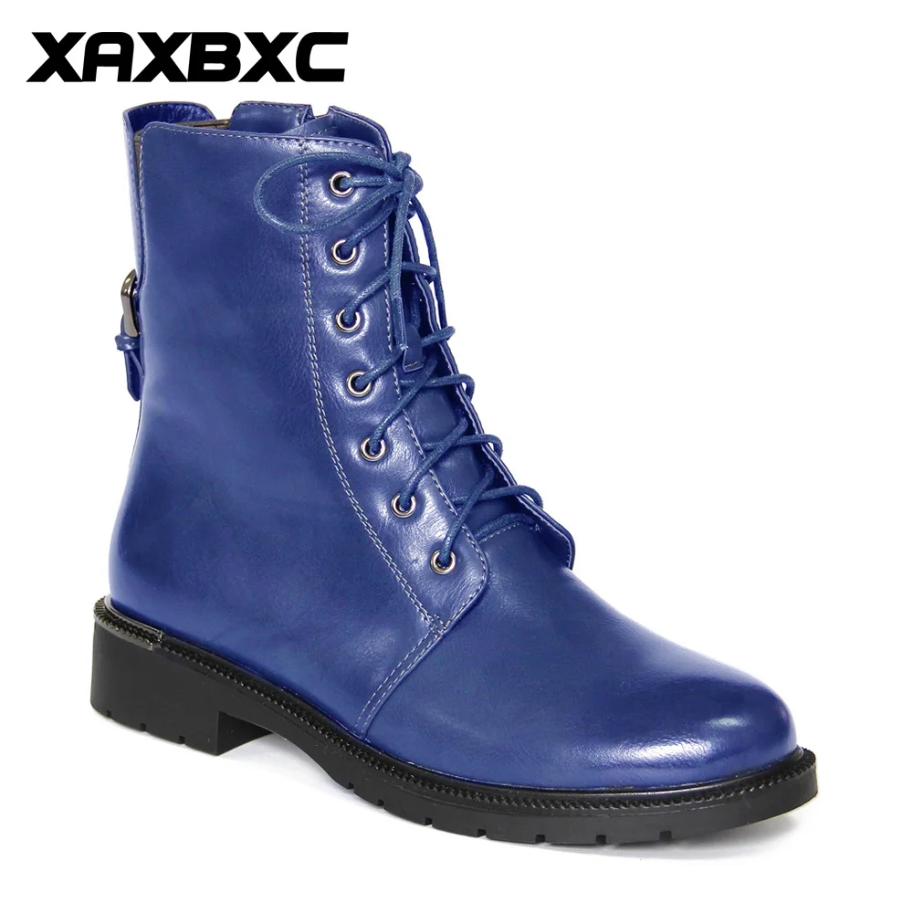 

XAXBXC Retro British Style Leather Brogues Oxfords Blue Short Boot Women Shoes Metal Buckle Round Toe Handmade Casual Lady Shoes