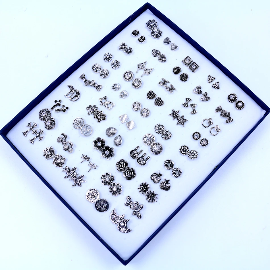

Factory Exquisite Unique Ancient Silver Plating Alloy Stud Earrings Mixed Designs In Random 50pairs/box Packing