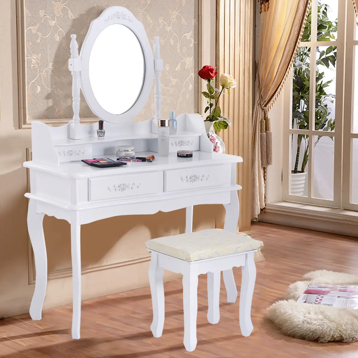 

Giantex White Vanity Table Jewelry Makeup Dressing Table Set with Stool and 4 Drawerd Modern Mirror Wood Desk HW58803