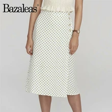 Chic зеленая точка печати юбки с боковой застежкой кнопки Обёрточная бумага миди юбка женская Высокая талия прямая юбка