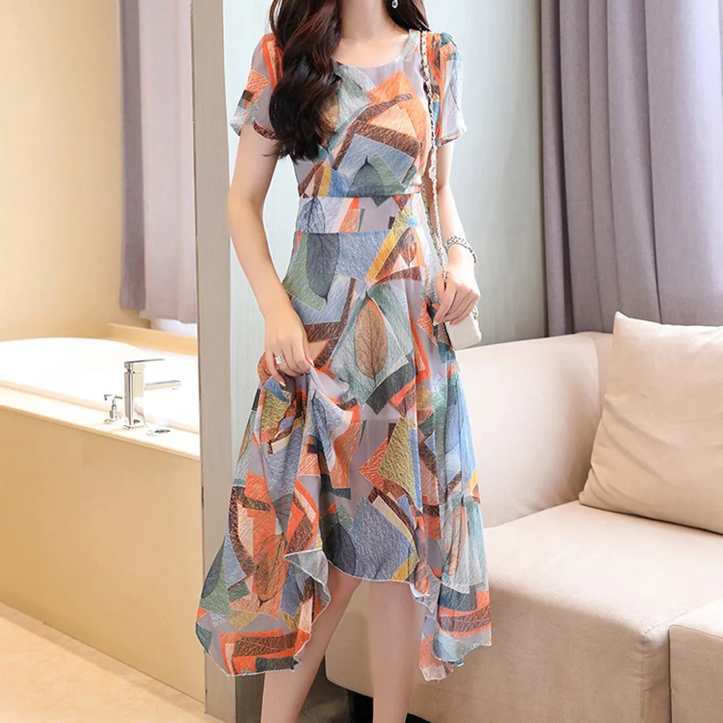 

Fashion Women Irregular Short Sleeve O-Neck Knee Length Printing Dress summer beach dress women dresses vestido ropa mujer