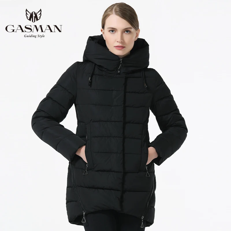 GASMAN 2018 New Fashion Winter Down Jackets And Coat For Women Medium Length Hooded Thick Down Parka Coat Black Color Overcoats