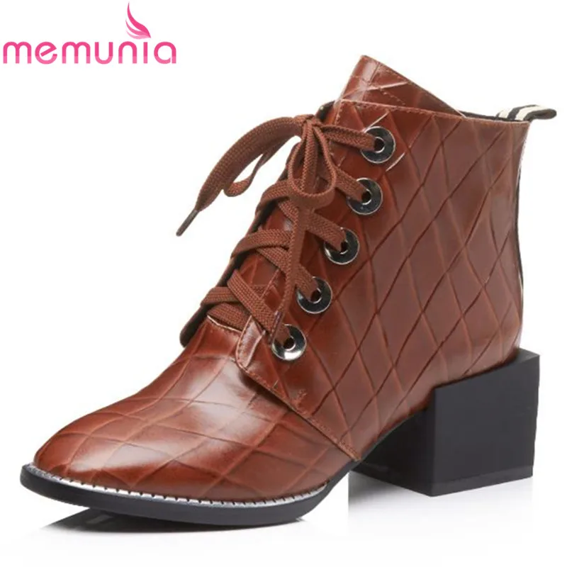 

MEMUNIA 2020 genuine leather ankle boots for women square toe slip on med heels boots elegant autumn winter ladies shoes
