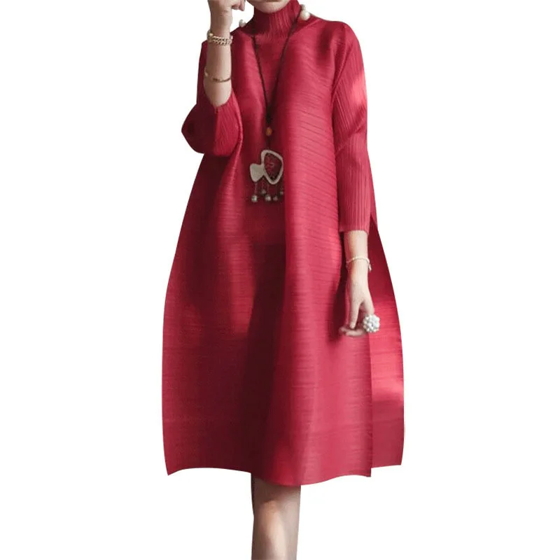 TVVOVVIN, весна, новое модное красное платье с длинным рукавом, водолазка, свободное, большой размер, со складками, до колен, ТРАПЕЦИЕВИДНОЕ, винтажное платье для женщин, V439