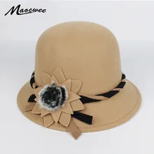 Otoño Invierno Bowler sombreros de lana de fieltro con flor para las mujeres elegante ala ancha sombrero femenino Vintage mujeres sombreros huesos Masculinos