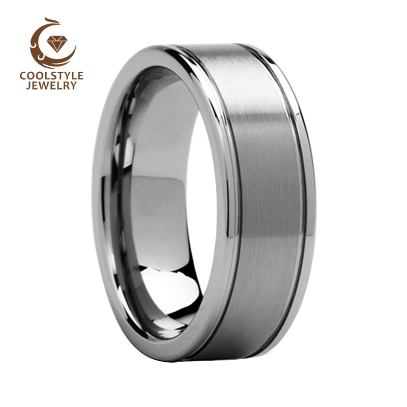 

Tungsten Carbide Wedding Bands 8mm Two Lines Brushed Center Polished Edges Engagement Rings