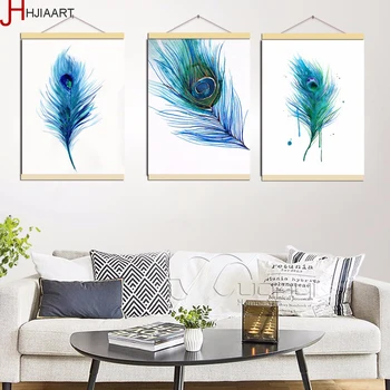 

Framed Triptych Watercolor Blue Peacock Feather A4 Poster Nordic Living Room Wall Art Picture Home Decor Canvas Painting