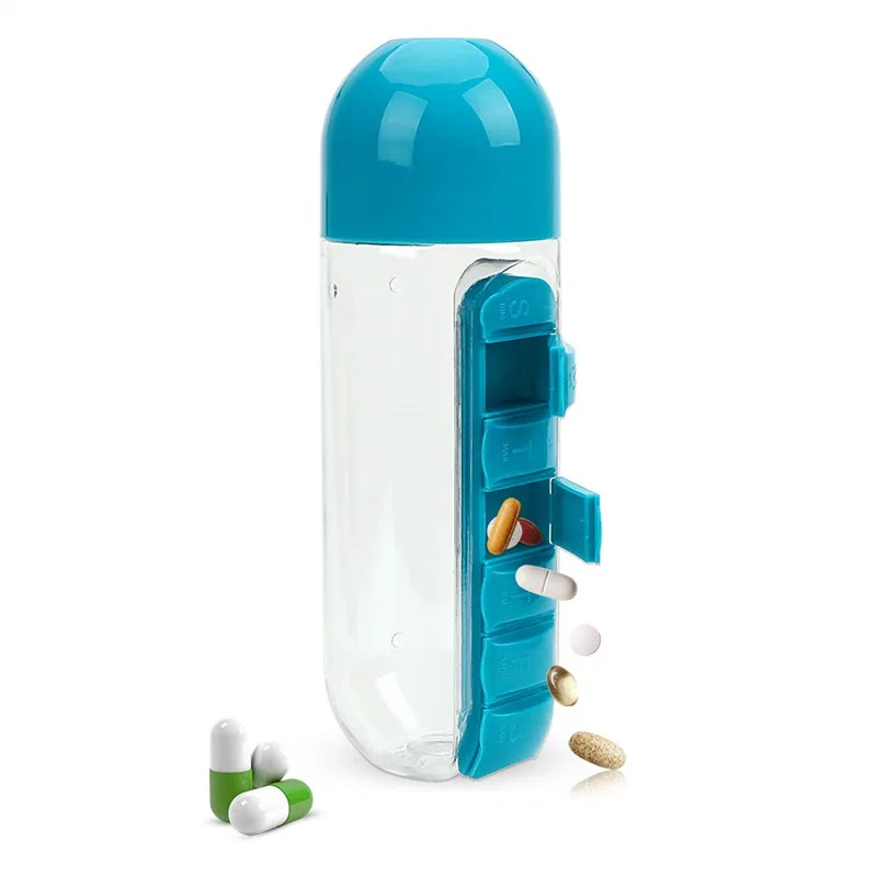 Water Bottle With Pillbox Plastic Medicine Pills Box Portable Drink Bottle  2 pc