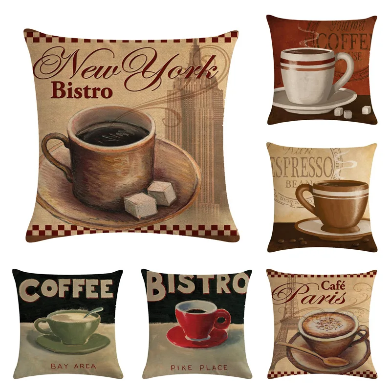 

45*45cm Coffee Cup Pattern Cotton Linen Throw Pillow Cushion Cover Home Decoration Sofa Bed Decor Decorative Pillowcase
