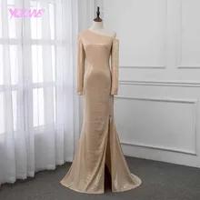 YQLNNE одно плечо с длинными рукавами платья для выпускного в деловом стиле вечернее платье цвета шампанского с блестками YQLNNE