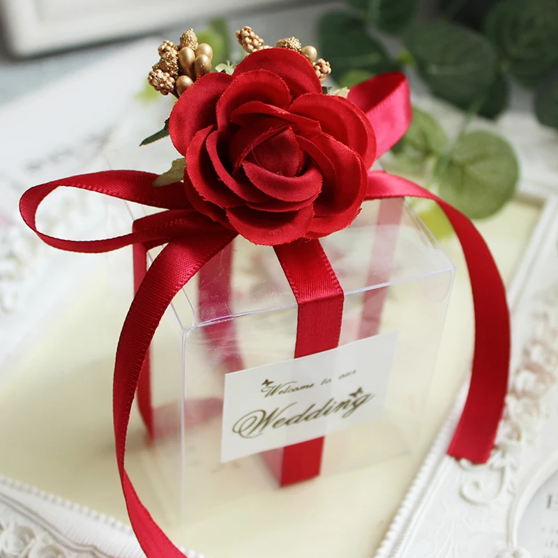 

50Pcs Red Flower gift box PLASTIC kraft paper bag kraft paper bag candy box chocolate favor box packaging boxes Party Supplies