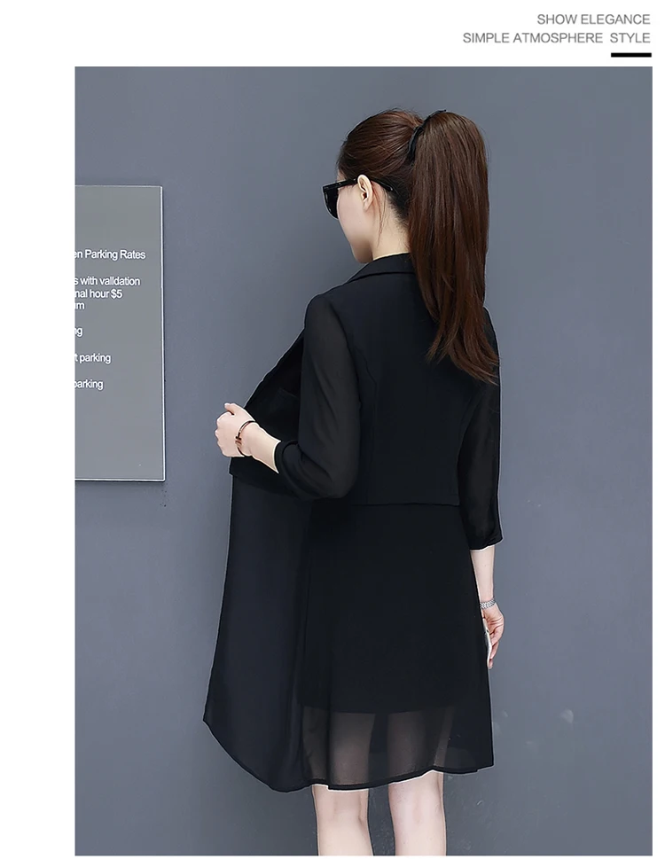 Корейский моды новые шифоновые мини-платье на бретелях и длинный Топ Блейзер два предмета офисные костюм для девочки, летняя одежда