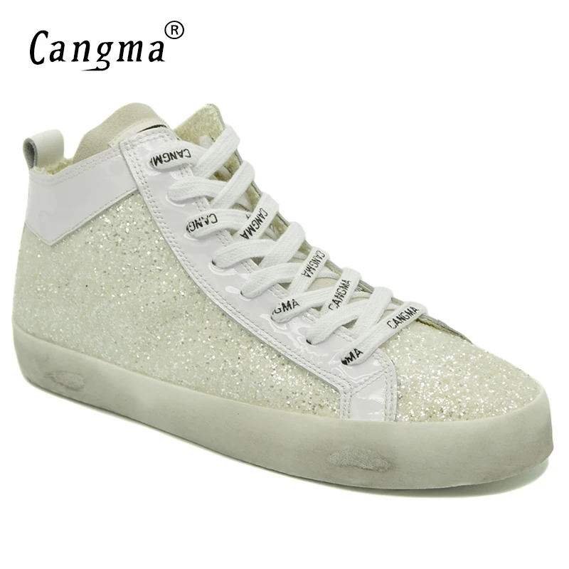 

CANGMA Luxury Brand High Top Sneakers Men Sequined Shoes Mid Man's Casual Shoes Glitter White Paillette Male