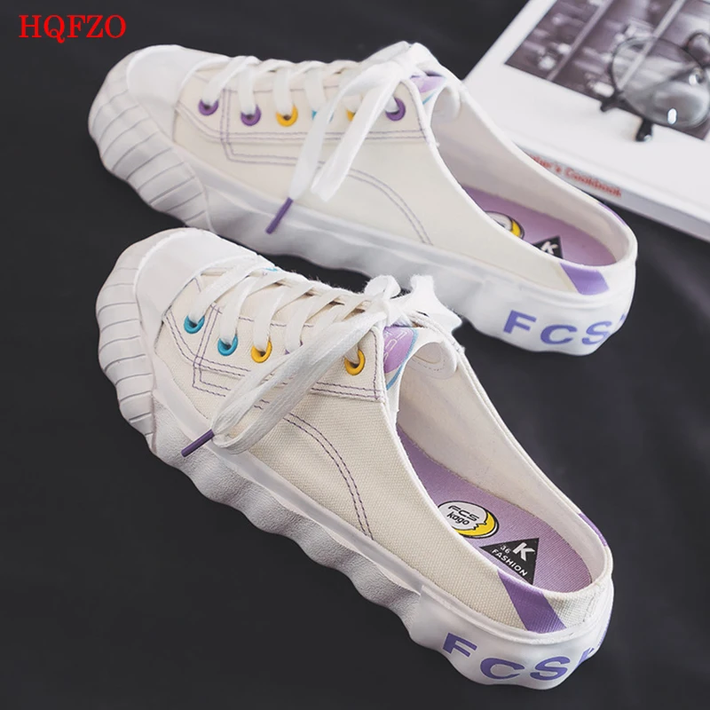 

HQFZO Casual Flat Platform Sneakers Round Toe Solid White Canvas Shoes Women Cross-tied Loafers Vulcanized Shoes Tenis Feminino
