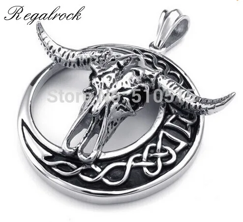 

Regalrock Bison Buffalo Bull Head Baphomet Ox Horn Skull Pendant Necklace