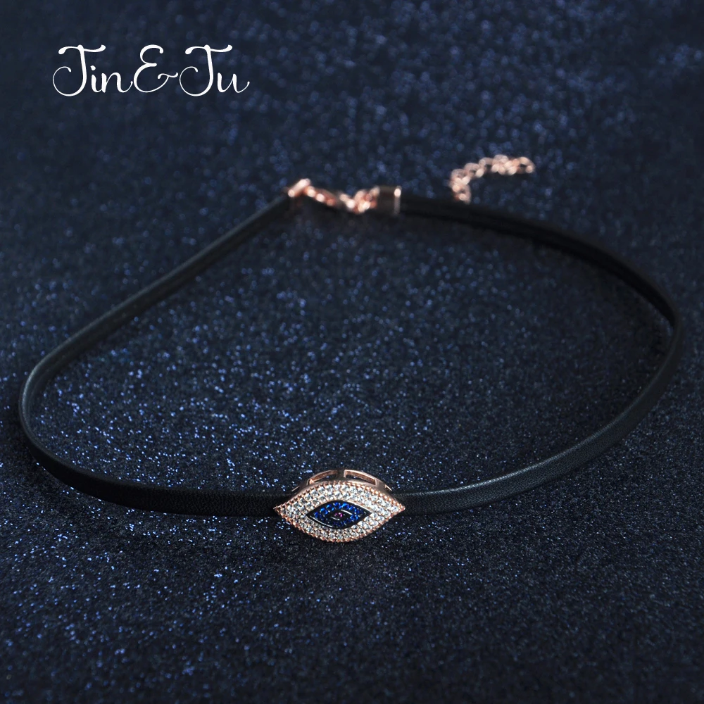 

Jin&Ju Jewelry 925 Sterling Silver Women 30CM+5CM Jewelry Eye Design Rose Gold-Color Leather Chokers Necklaces For Women Gifts