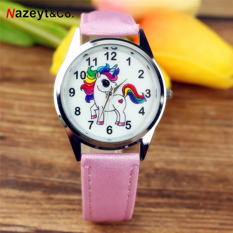 Новые милые дети мультфильм Единорог кожи с Студенческие Кварцевые часы подарок ремень наручные часы