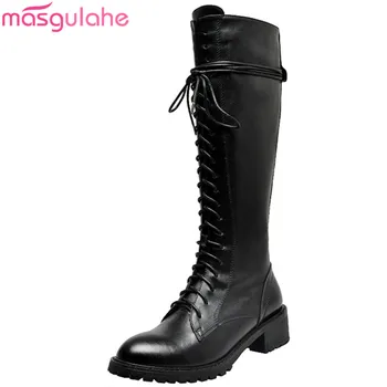 

Masgulahe 2019 Newest knee high boots women genuine leather shoes lace up zip autumn boots square heels casual shoes woman