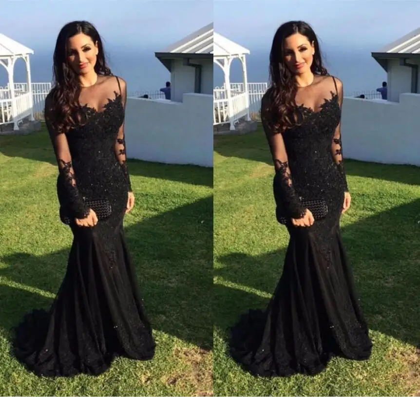 

Black Muslim Evening Dresses 2019 Mermaid Long Sleeves Appliques Lace Beaded Islamic Dubai Saudi Arabic Long Formal Evening Gown