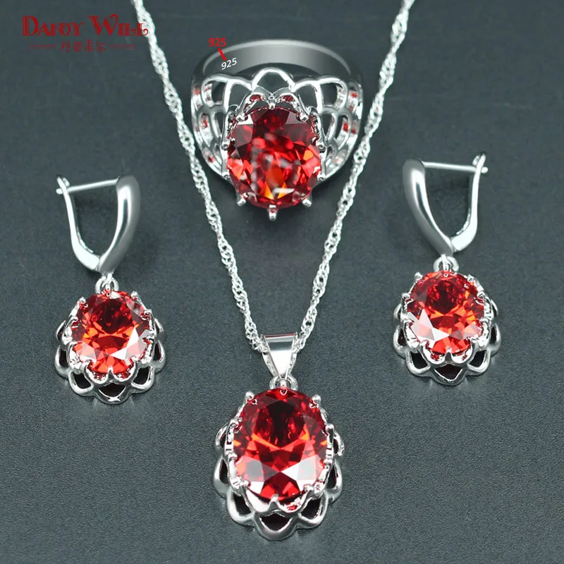 925 Silver Color Wedding Jewelry Red White Zircon Necklace Earrings
