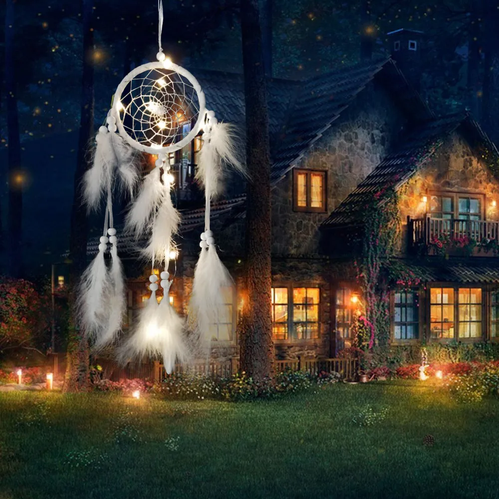 

White Wind Chimes Indian Style Dream Catcher Net With Bead Feathers Light Car Wall Hanging Dreamcatcher Home Decoration 18Sep