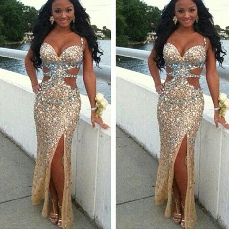 gold rhinestone prom dress
