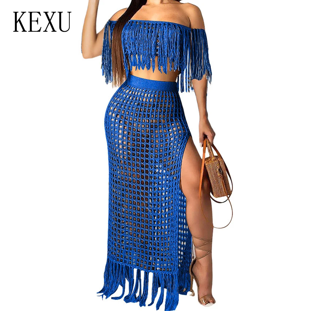 KEXU Summer Hollow Out Fashion Grid Tassel Perspective Two-piece Dress Elegant Off Shoulder Knitting Crochet Beach Party Dress KEXU Summer Hollow Out Fashion Grid Tassel Perspective Two-piece Dress Elegant Off Shoulder Knitting Crochet Beach Party Dress