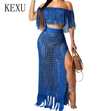 KEXU Summer Hollow Out Fashion Grid Tassel Perspective Two-piece Dress Elegant Off Shoulder Knitting Crochet Beach Party Dress