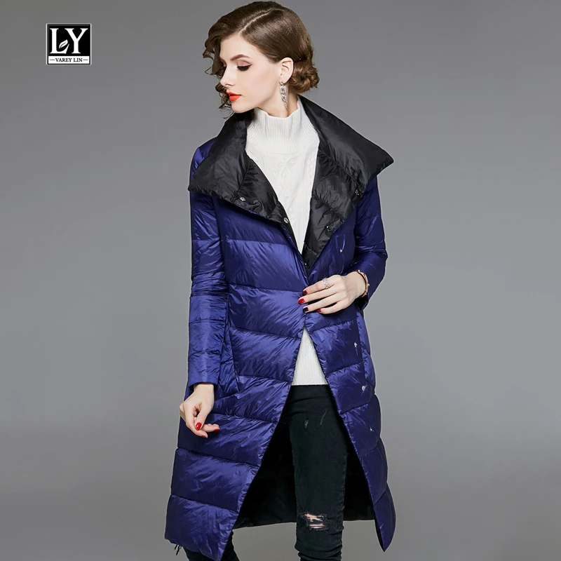 Ly Varey Lin ультра легкий пуховик плюс размеры Реверсивный две стороны носить 90% белая утка длинное пальто для женщин Тонкий Стенд воротни