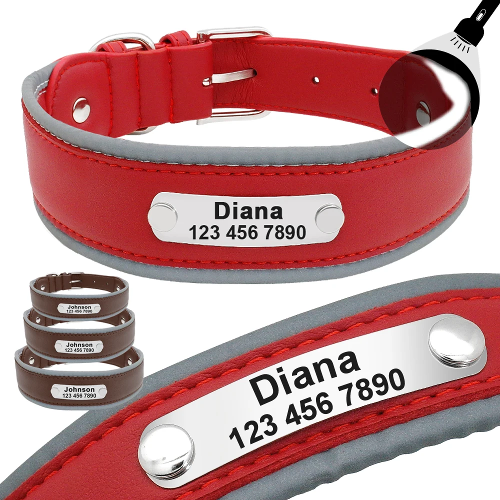 

Leather Dog Collar For Large Dogs Reflective Personalized Pet ID Collars Nameplate For Medium Large Pitbull Bulldog Labrador