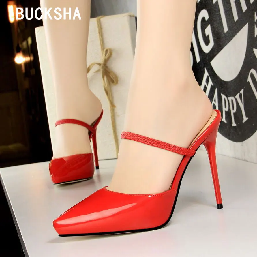 

BUCKSHA 12cm High Heels Sandals for Women Red stiletto Slides heel high heeled Mules Ladies High Heels Shoes Woman Slippers