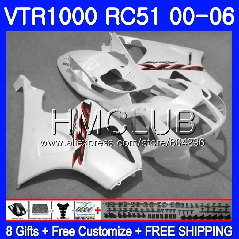 

Fairing Glossy white For HONDA VTR1000 2000 2001 2002 2003 2004 2005 2006 80HM23 RTV1000 VTR 1000 RC51 SP1 SP2 01 02 03 04 05 06