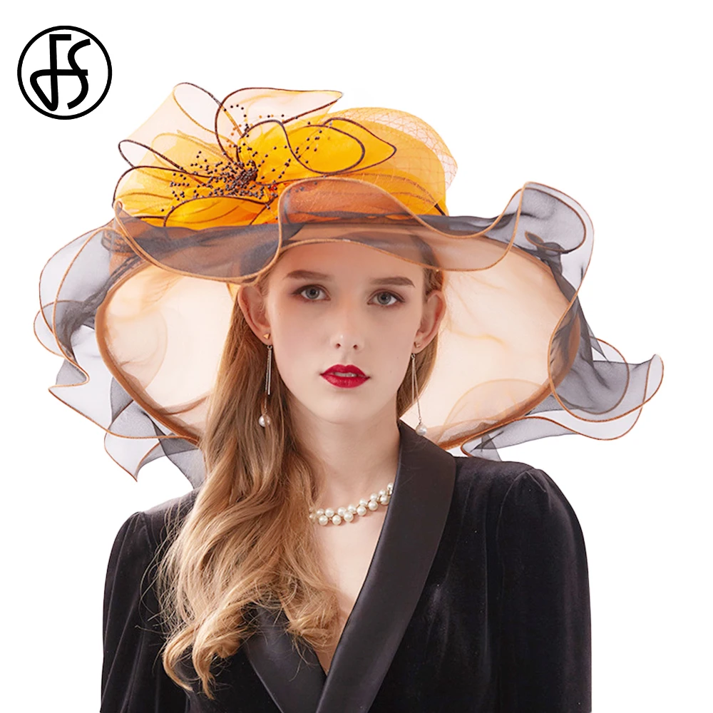 

FS 2019 Organza Fascinator Church Dress For Women Sun Hats Large Wide Brim Fedoras Ladies Kentucky Wedding Hat With Big Flower