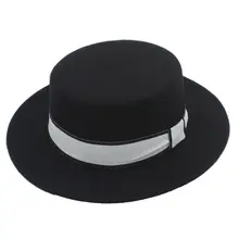 Mistdawn для женщин и мужчин полушерстяная шляпа канотье с широкими полями свиной пирог шапки шляпы с плоским верхом белая лента Size56-58cm