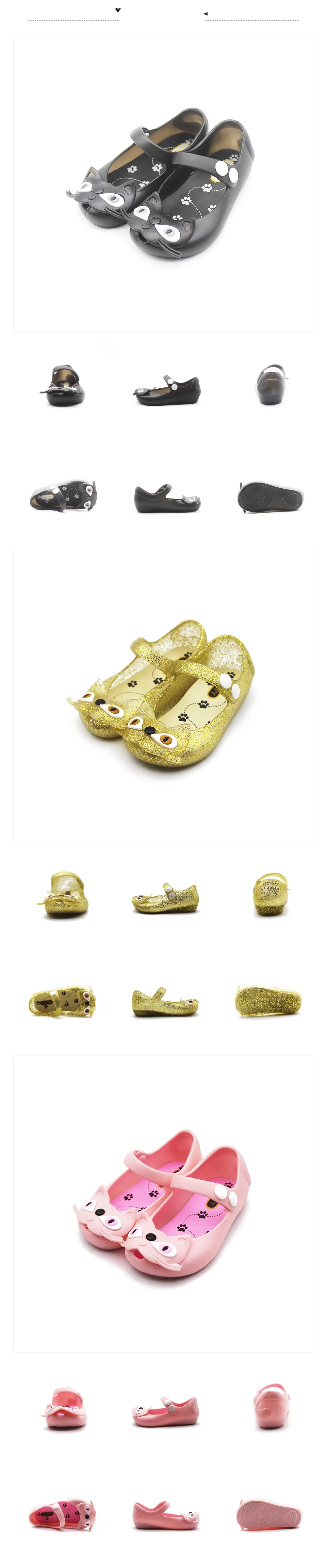 Mini Melissa/стильные детские сандалии 3 цветов с изображением кошек; прозрачные сандалии для девочек; коллекция года; летние сандалии для девочек; пляжная обувь для малышей; 13-17 см