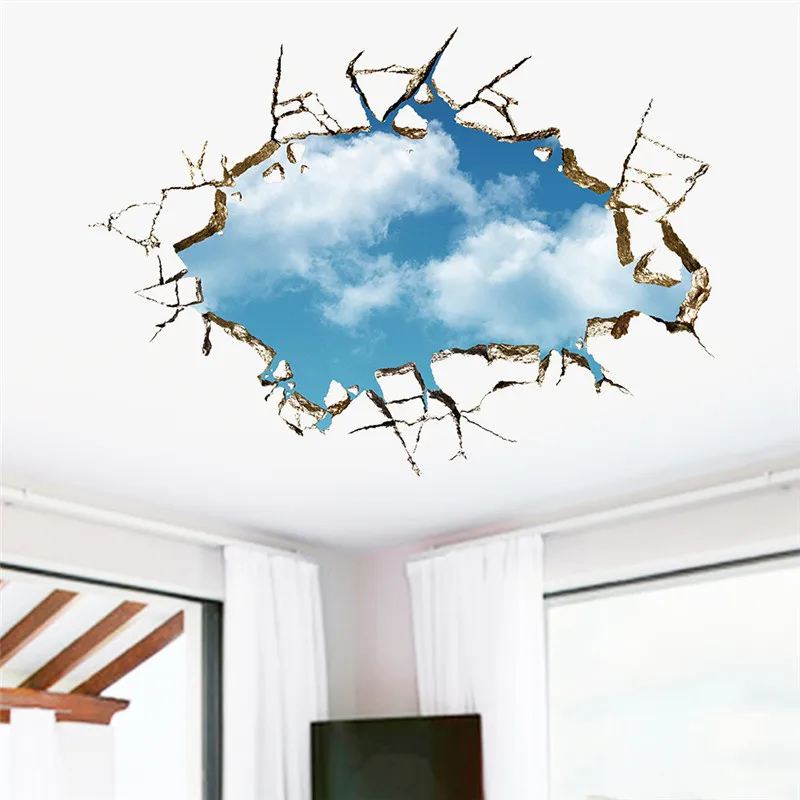 Through Wall 3d Blue Sky White Clouds Wall Stickers Removable