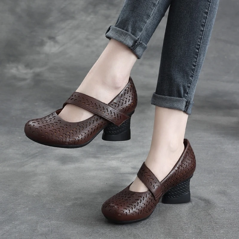 

Genuine Leather Women Pumps Coffee 6 CM High Heels Shoes Hollow Out Summer Ankle Strap Pump Handmade Women Leather Shoe