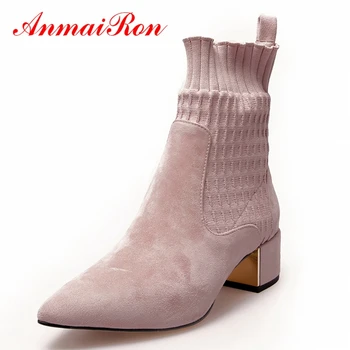 

AnmaiRon New Fashion Basic Pointed Toe Woman Shoes Slip-On Ankle Boots Womens Winter Fashion 2018 Size 34-39 LY274