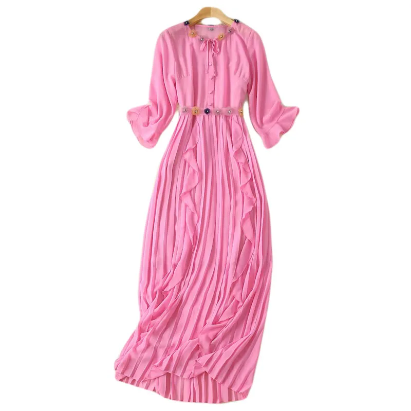 

XF Pink Cute Korean Star Dress Ruffled Pleated + Belt Shirt Midi Dress + Sling Lining 2019 Summer New Party Women'S Clothing