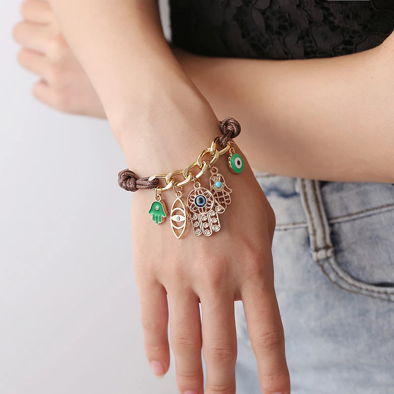 

Fashion Gold Link Chian Enamel Lucky Hand Eye charm Brown leather Bracelets for Women Jewelry Handmade Multilayer Bracelet Gifts