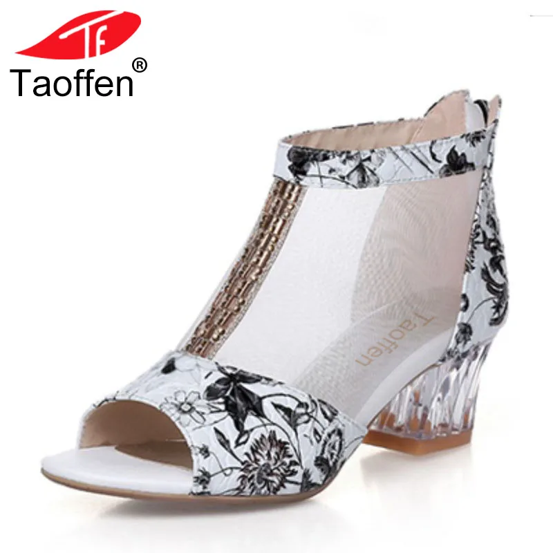 

TAOFFEN Sexy Women Genuine Leather High Heel Sandals Print Patchwork Thick Heel Sandals Summer Vacation Women Shoes Size 34-39