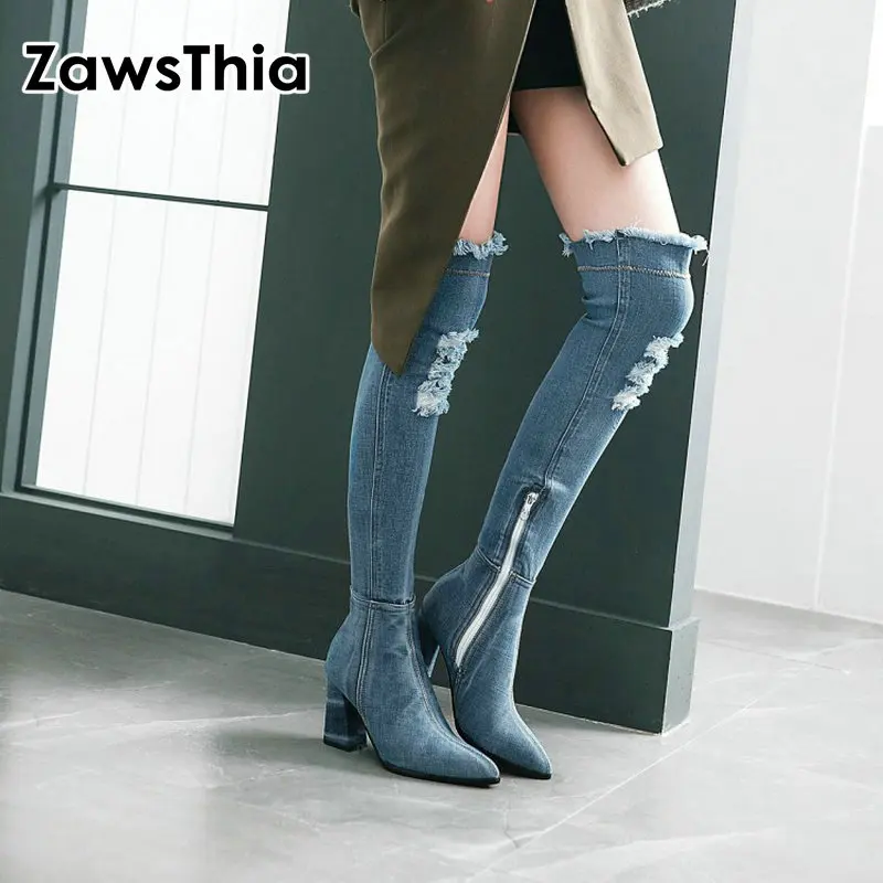 ZawsThia/; сезон весна-осень; цвет синий, черный; ботфорты из матовой джинсовой ткани; женские ботфорты с острым носком на высоком каблуке
